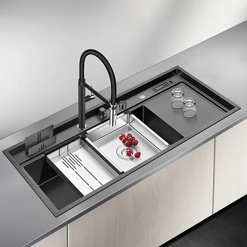 Черна едрогабаритна кухненска мивка с една мивка от неръждаема стомана, нанометровая сливная плоча, на Кухненски мивки