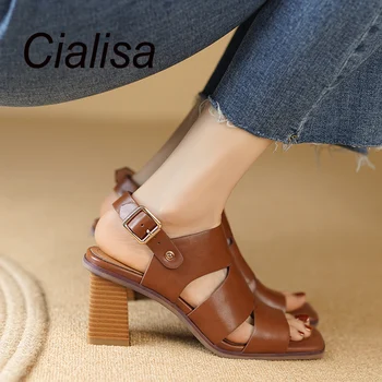 Cialisa/сандали с отворени пръсти; дамски обувки от естествена кожа; колекция 2023 г.; лятна реколта дамски ръчно изработени обувки на висок ток; кафяв размери 40; Новост