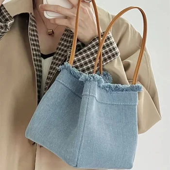 Модни дънки чанта с пискюли, модни синя чанта-кофа, лятна чанта през рамо, чанти под мишниците за жени, дамски портмонета и чанти