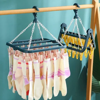 Сушене-часова Ветрозащитная детска закачалка за чорапи с по няколко скоби, сгъваема закачалка за дрехи, 32 скоба, Сгъваема пластмасова закачалка за сушене на чорапи
