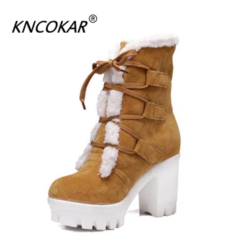 KNCOKAR/лидер в продажбите на нови есенно-зимни топли женски обувки от дебела вълна вътре, непромокаеми ботуши на дебелото платформа голям размер