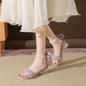 Дамски обувки 2023 г., висококачествени Дамски сандали с обвивка от щиколотку, Летни Сандали за партита, дамски обувки с перли, дамски Zapatillas De Mujer