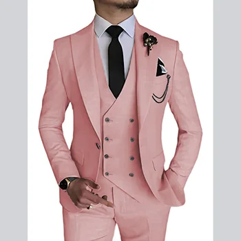 Розово Двубортный костюм с ревери, оборудвана Митнически модерен Костюм, комплект от 3 теми (яке + Панталон + Елек), Смокинги за младоженеца, Празнична вечеря за сватба