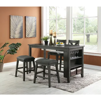 Модерен тъмно кафяв тапицерия, маса за Хранене с височина 5 см с рафтове за съхранение, Високи столове и табуретки от дърво
