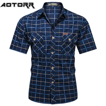 Модерен мъжки клетчатая риза с къс ръкав, бомбер, ризи във военната стил, 100% чист памук, с висококачествена бизнес Ежедневни риза с ревери, мъжки 2023