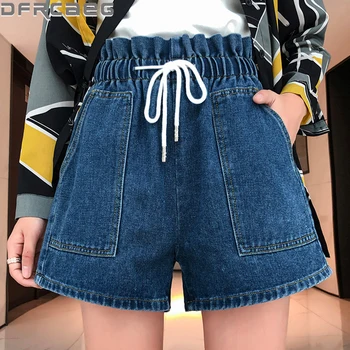 Дънкови къси панталони с висока еластична талия за жени, Лято 2020, Ново записване, широки дънкови шорти в корейски стил, по-големи Размери, къса