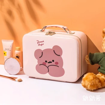Японските кутии за съхранение с голям капацитет, сладък cartoony органайзер за грим, удобна дръжка, куфар и водоустойчив калъф за грим, изкуствена кожа