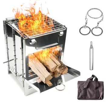 Сгъваема печка на дърва за къмпинг, туризъм, мини-барбекю-грил с чанта за носене, Портативна дърво горелка за готвене на окръжните