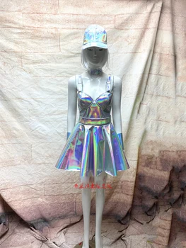 Сребърна лазерно рокля нощен клуб танцово шоу костюм Празнична парти в нощен клуб модел автомобил подиум лазерна къса пола костюм