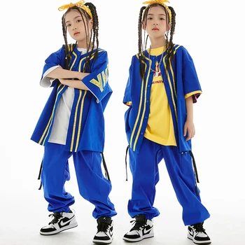 Детски облекла в стил хип-хоп, улични танци костюм, джаз костюм за момичета, къси ръкави, синьо палто, Панталони, Свободна риза BL10461