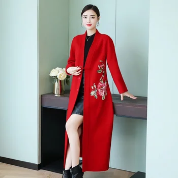 Зимно палто 2019, женско червено дълго дамско палто в китайски стил, тънка вълнена горна дреха, топло зимно яке за жени AA5185