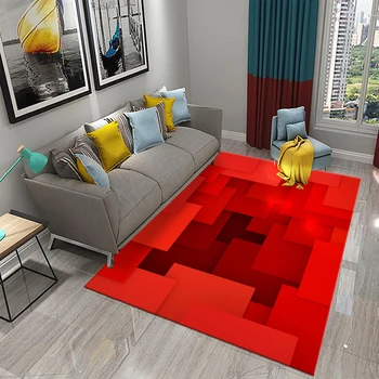 Червен 3D Абстрактен килим, модерен геометричен подложка за жени, възрастни, Художествени подложки с пространствена геометрия, Интериор за спални, хол, Подложка за пода
