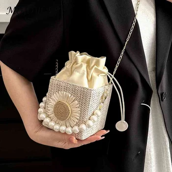 Дамски Квадратна чанта през рамо, лека Дишаща слама перлена пазарска чанта за почивка, пътуване, почивка, със слънчеви флорални орнаменти