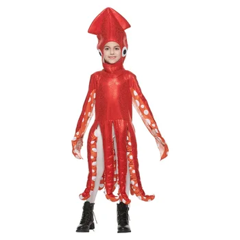 Забавен костюм калмари, червен гащеризон с гъба октопод за деца, костюми на животни за Хелоуин, карнавал на маскарадните костюми за момчета и момичета
