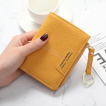 Нов жълт женски чантата е от мека изкуствена кожа, дамски портфейл с мини-закопчалка, държач за карти, монети, къси портфейли, тънък малък портфейл, ключодържател с цип