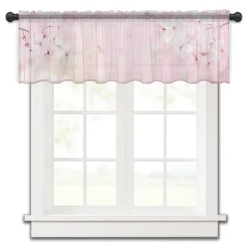 Пролетна череша, розови листенца, Малка завеса за кухня, тюл, прозрачен къс завеса, Спалня, хол, начало декор, вуалевые завеси