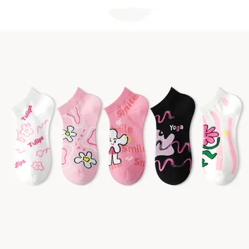 5 Чифта чорапи със собствени анимационни герои, дамски чорапи, дишащи летни тънки модела розови памучни чорапи-лодка
