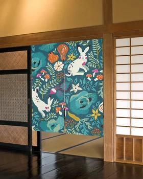 Завеса в кухнята на вратата с цветя, зайче и гъбични листа, за украса на кафе-ресторант в японски стил, преграда