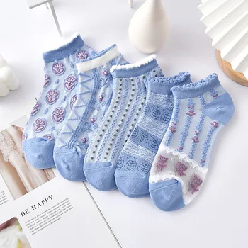 5 бр./лот, дамски чорапи от кристалния коприна, пролетно-летни модни дамски чорапи-лодка от стъклена коприна, сладък японски чорапи с цветен модел