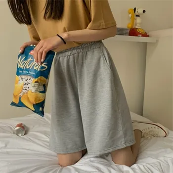 2022 Летни панталони дамски ластични Сладко момиче в корейски стил Сладки бяха застреляни Harajuku Прости чисто сиви панталони оверсайз женски