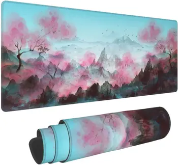 Японската живопис, туш, планински пейзаж, игрална подложка за мишка, разширено голяма подложка за мишка, XL, зашити край, Подложка за мишка, 31,5x11,8 инча
