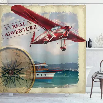 Истински приключенски надписи с бреговата линия и червено със самолет, художествена тъкан на тема пътуване, комплект за вашия интериор, баня с куки