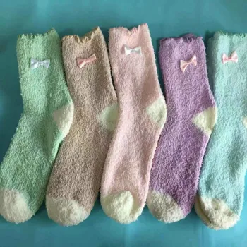 Нови коралови кадифе прости удобни дамски чорапи от памук, карамел с бантиком високо качество на Едро, различни цветове, 4 чифта/лот
