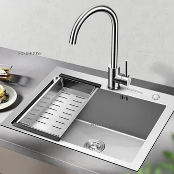 Единична кухненска мивка от неръждаема стомана, удебелена ръчно мивка, Ъглова Мивка за дребни домакински кухня, Кухненски принадлежности