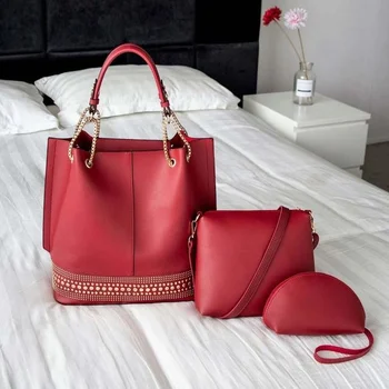 Дамска Чанта от изкуствена кожа с голям капацитет, модни дамски чанти с нитове, комплект от 3 теми, чанта през рамо, ежедневни дамски чанта-тоут, модерна чанта