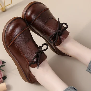 Пролетни Лоферы на масивна Обувки; Дамски обувки на платформа от естествена кожа, с кръгли пръсти Без шнур; Дамски обувки Ръчна изработка на британския стил ретро