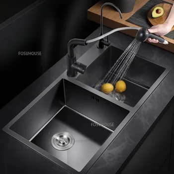Немски мивка с двойно канавката, кухненски Нано-мивка от неръждаема стомана 304, черна мивка, Домакинство кухненски мивки, Кухненски приспособления