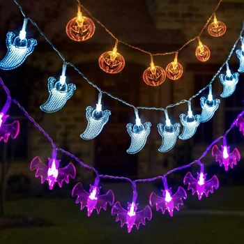 1,5 м венец с духове на Хелоуин, Хелоуин, лилаво прилеп, тиква, ужас, призрак, подпори за партита, led венец, украса за дома за празника