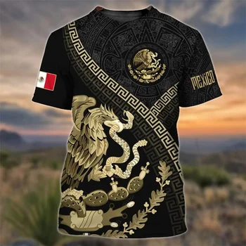 Тениска с принтом на Националното знаме на Мексико За Мъже, Модни тениски с 3D Изображение на Орел, Къс ръкав, Негабаритная Тениска За Почивка, Тениска с Кръгло деколте, Градинска Облекло