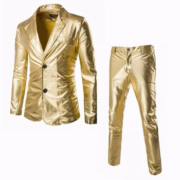 Мъжки блестящи метални костюми със златно покритие, сако (яке + панталон, Приталенные комплекти за нощен клуб, рокля, брендовый блейзър, етап костюми