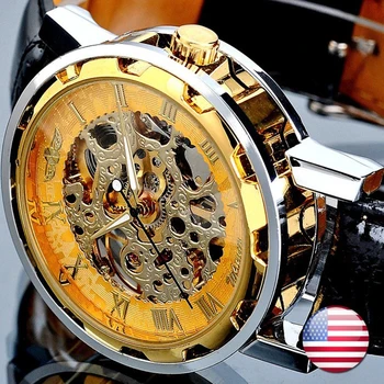 Победител 2020 година, луксозни маркови мъжки часовник с черна кожена каишка, мъжки часовници с виртуален скелет от неръждаема стомана, златни механични ръчни часовници AA